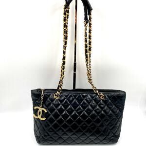 Chanel Vintage Quilted Tote Bag Black Leather Shoulder Shopper chain 24kt